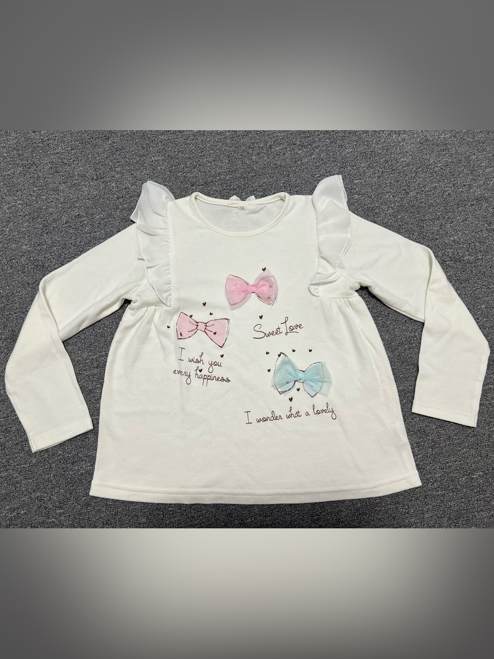 Girls White Long-Sleeve Top with Pink & Blue Bows 7-8T